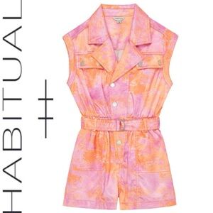 6/$20 Habitual Satin Utility Romper Tie-Dye Cinch Waist, Belt, Pockets 16 NWOT